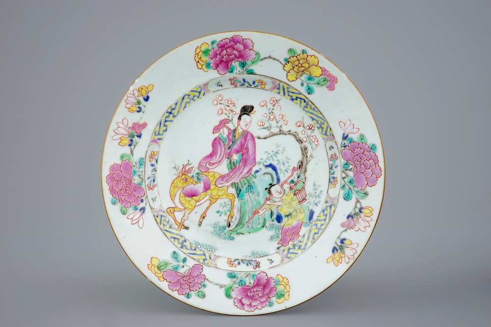 A Chinese famille rose plate with a lady on a deer, Yongzheng, 1723-1735