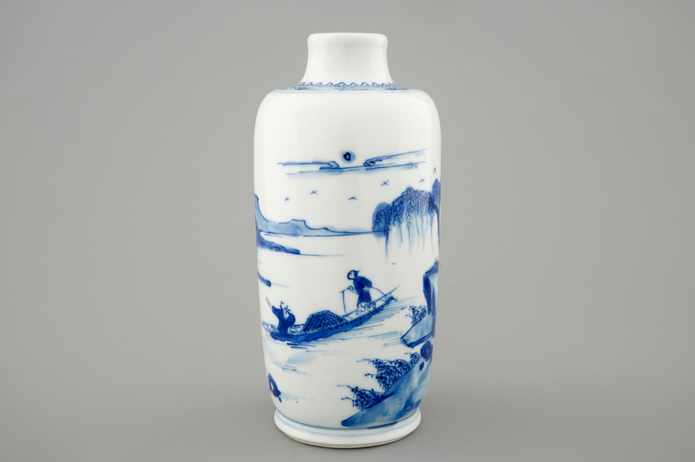 A blue and white Chinese vase with a mountainous landscape, Kangxi
