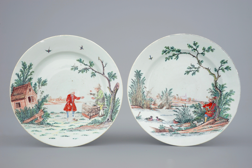 A pair of Chinese Dutch-decorated "Duck Hunt" plates, 18th C.