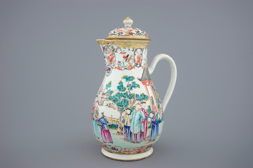 A large Chinese famille rose mandarin jug and cover, Qianlong, 18th C.