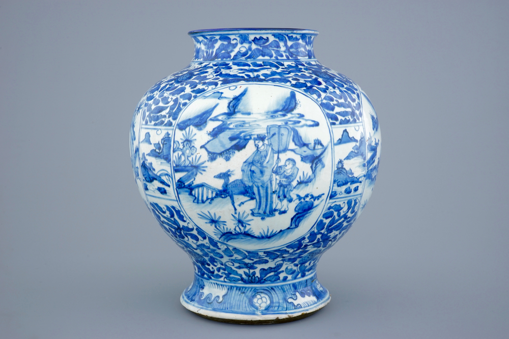 A large Chinese blue and white baluster jar with figurative panels, Ming Dynasty