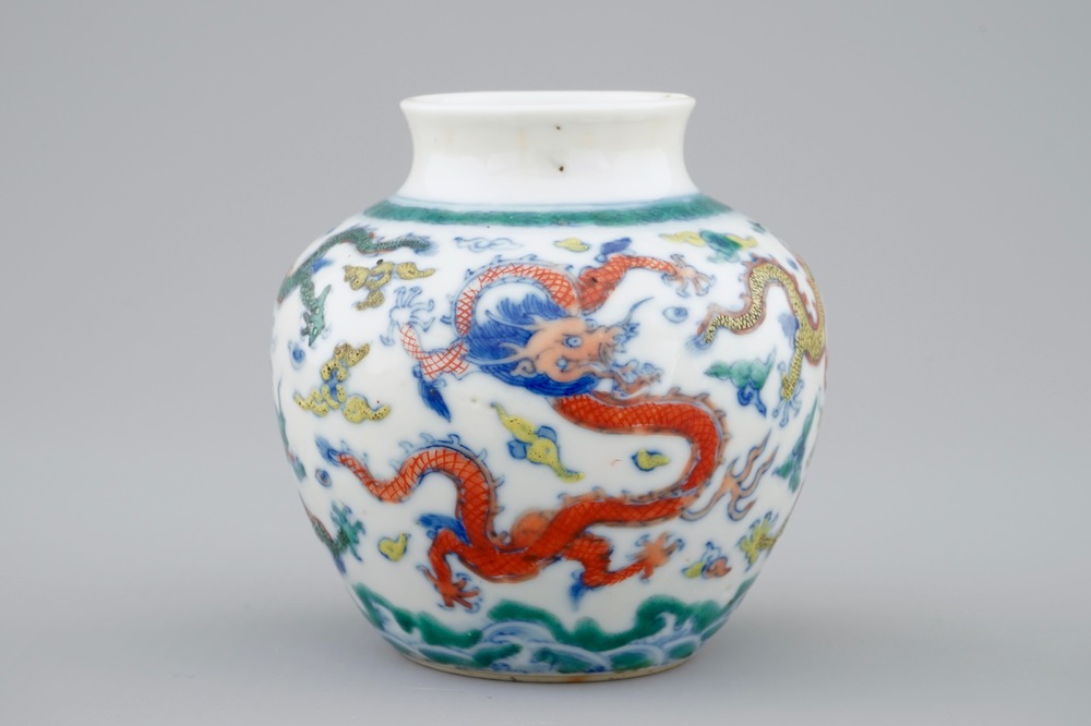 A small Chinese doucai jar vase with dragons among clouds, Qianlong mark, 19th C.