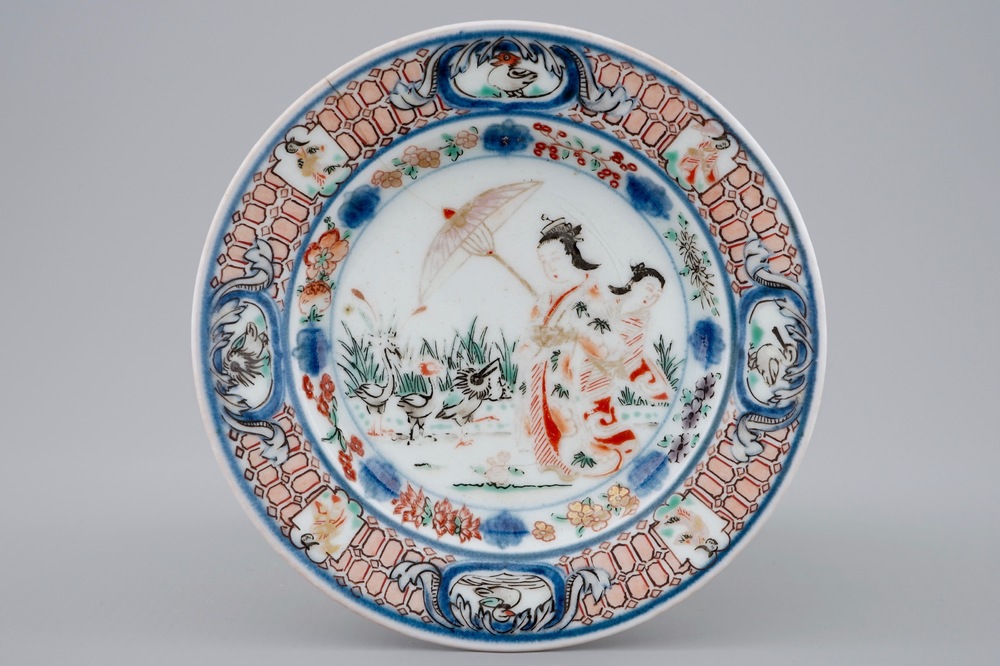 A Japanese Imari plate with "Dames au Parasol" after Cornelis Pronk, ca. 1740