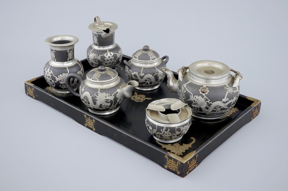 A Chinese yixing and pewter part tea service on tray, Shanghai, ca. 1900
