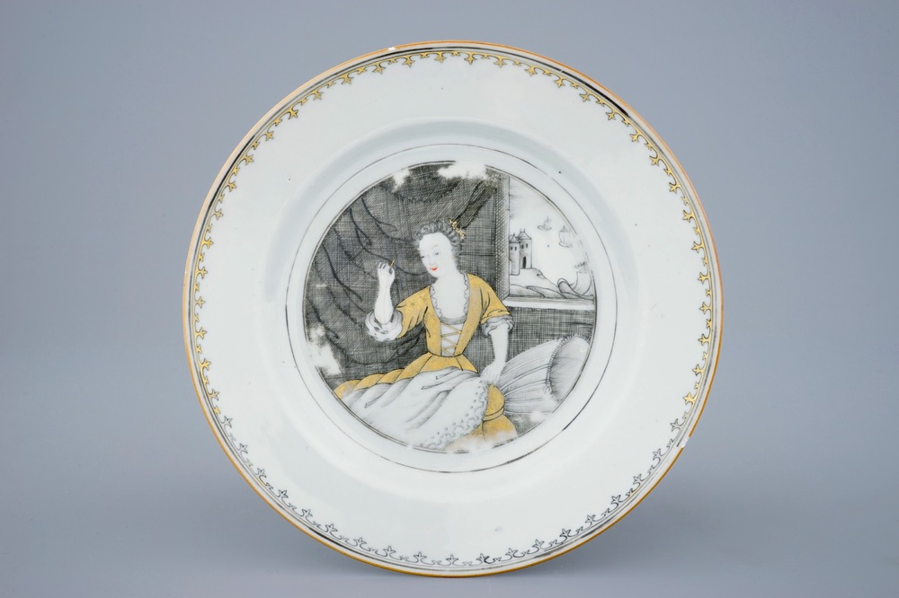 A Chinese grisaille export "Seamstress" pattern plate, 18th C.
