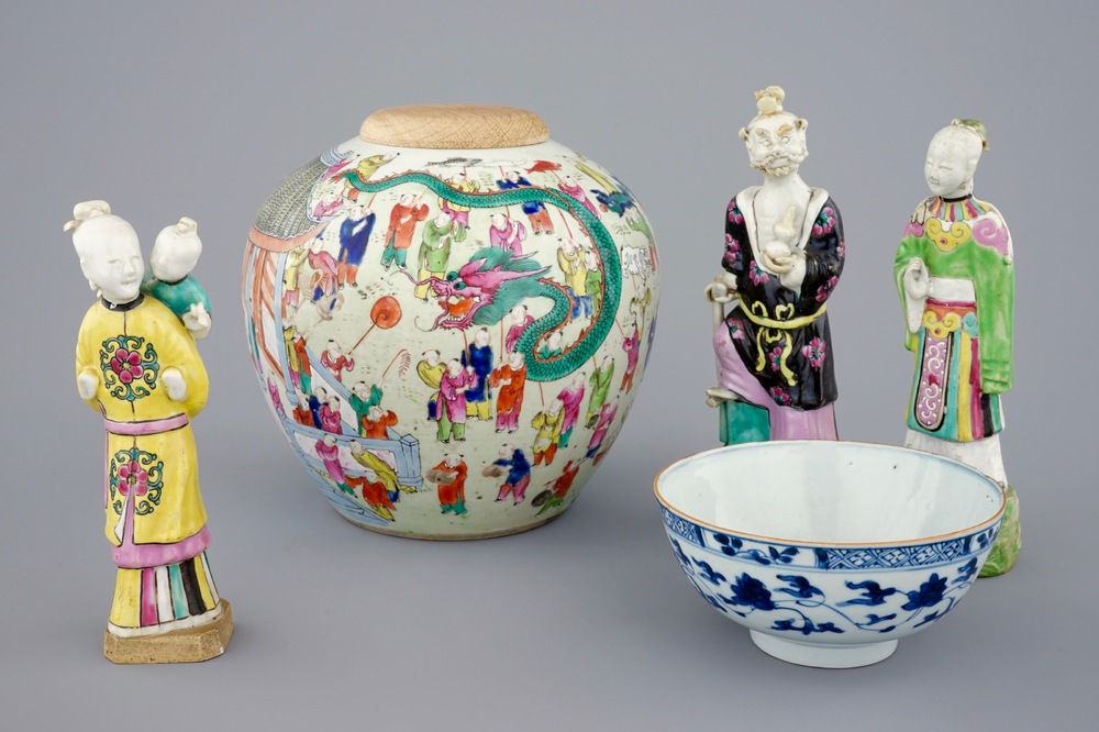 Three Chinese famille rose figures, a ginger jar and a blue and white lotus bowl, 18/19th C.