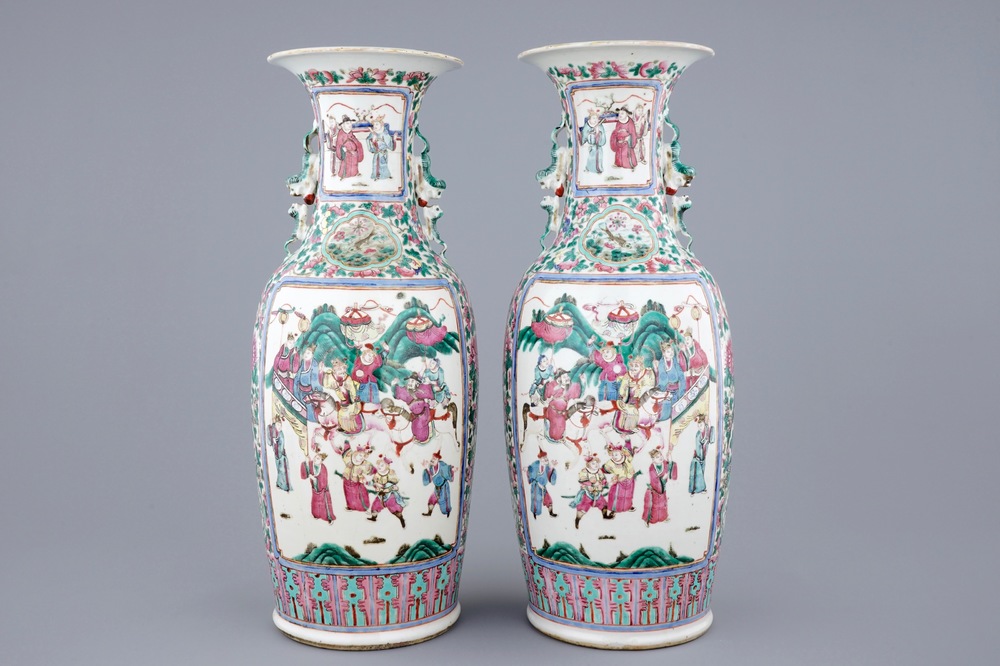 A pair of large Chinese famille rose vases, 19th C.