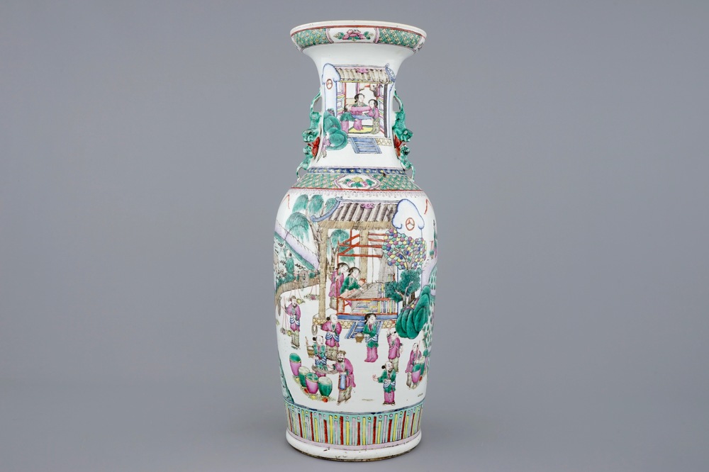 A large Chinese famille rose vase depicting the silk production, 19th C.