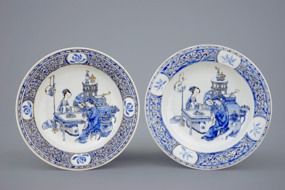 A pair of Chinese overglaze blue and gilt eggshell porcelain plates, Yongzheng, 1723-1735