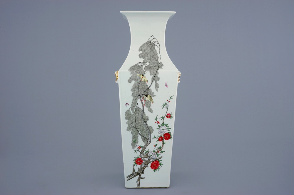 A Chinese famille rose square vase with birds among flowers, 19/20th C.