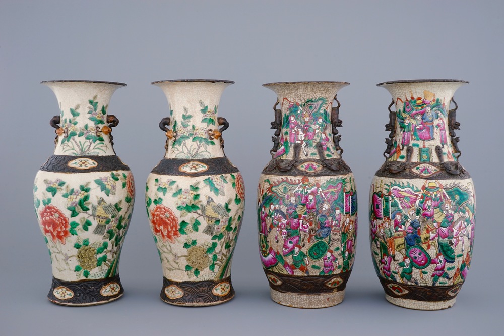 Two pairs of Chinese famille rose and verte Nanking crackle glaze vases, 19th C.