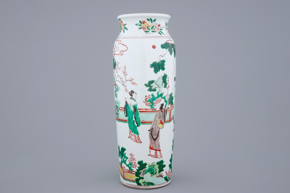 A Chinese wucai sleeve vase, 20th C.