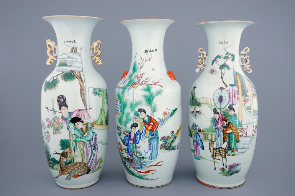 A set of 3 large Chinese famille rose vases, 19/20th C.