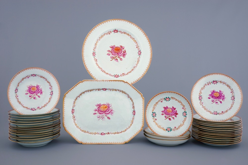 A Chinese famille rose 35-piece service with "John Adams" pattern, Qianlong, 18th C.