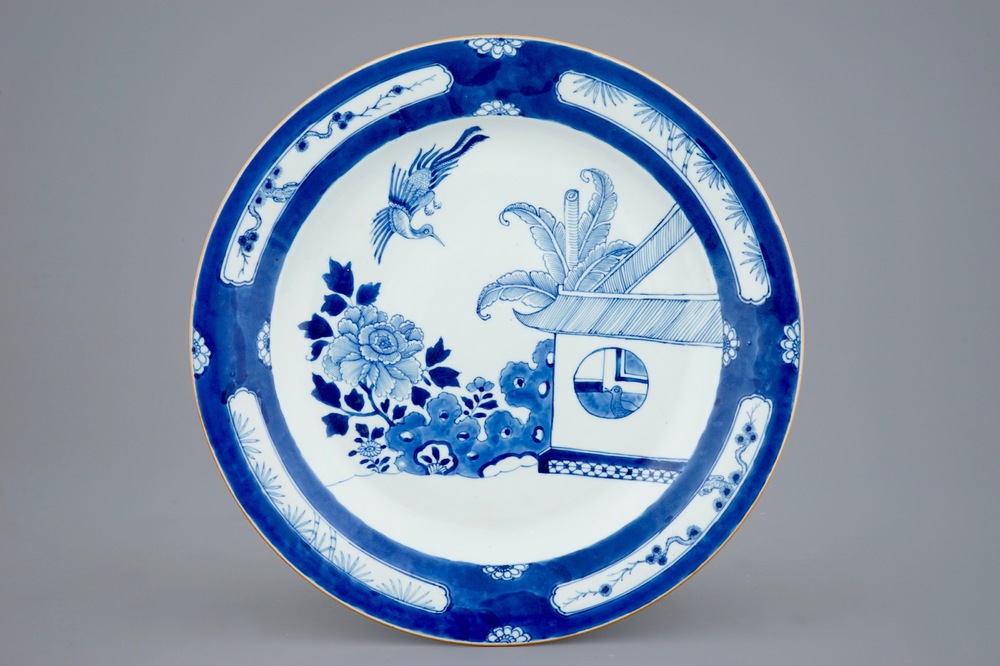 A blue and white Chinese dish with "Cuckoo in the house", Kangxi