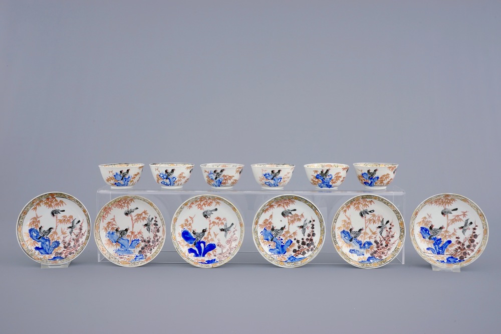 Un lot de 6 tasses et soucoupes en porcelaine de Chine aux oiseaux sur bambou, Yongzheng/Qianlong, 18&egrave;me
