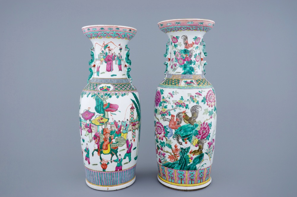 Two large Chinese famille rose vases with roosters and a Guanyin, 19th C.