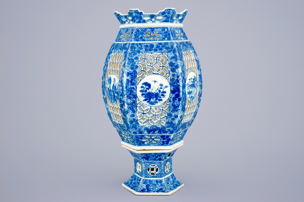 A Chinese blue and white pierced lantern on stand, 19th C.