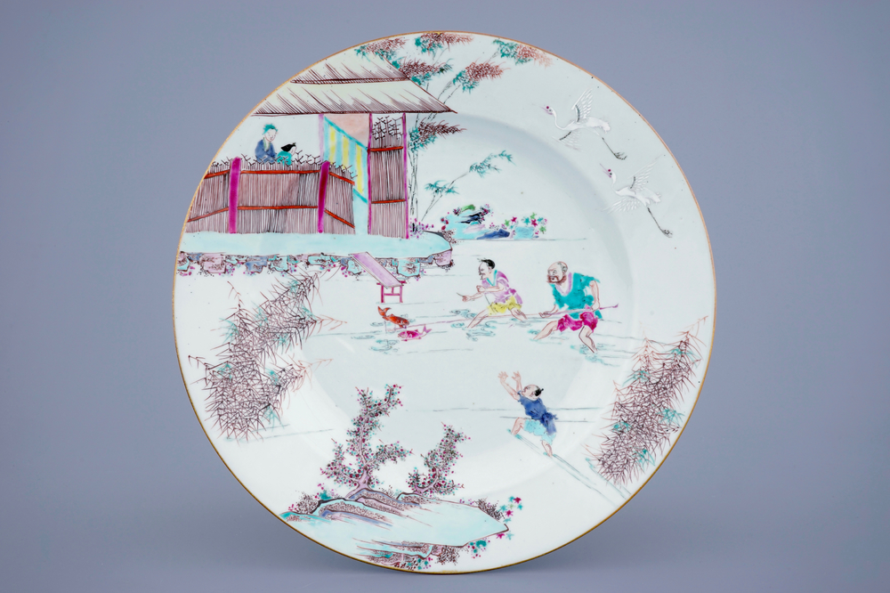 A Chinese famille rose "fishing" dish, Yongzheng, 1723-1735
