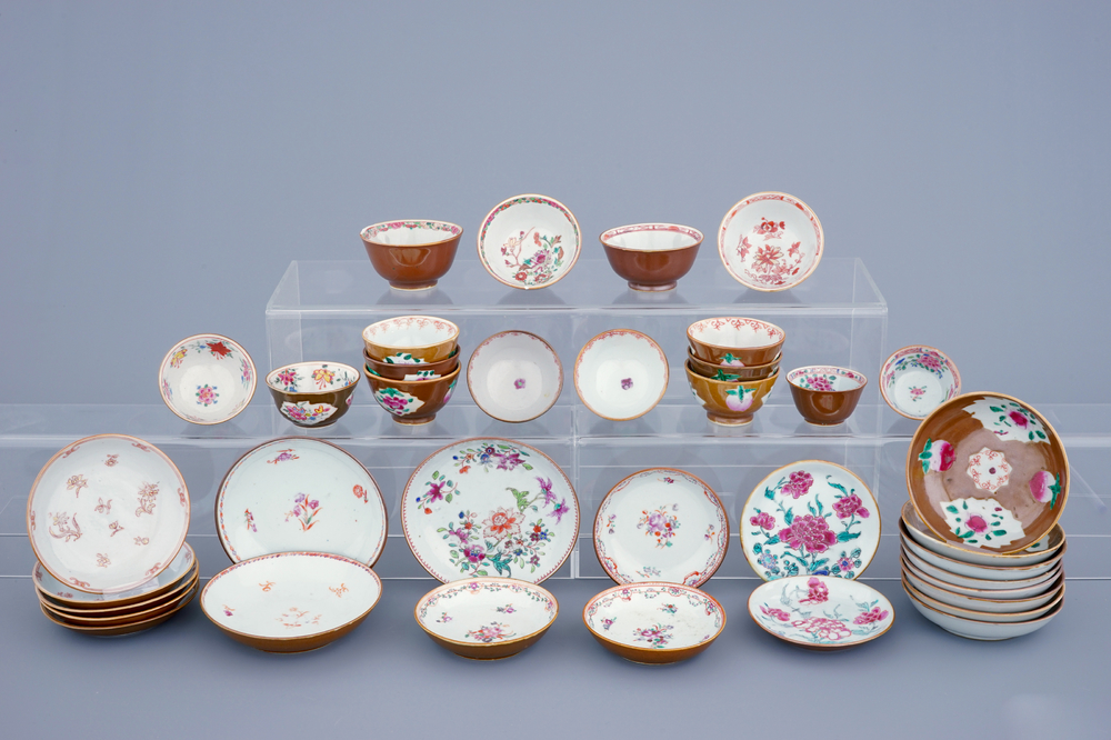 A lot of 16 Chinese famille rose on capucin ground cups and 21 saucers, Qianlong, 18th C.