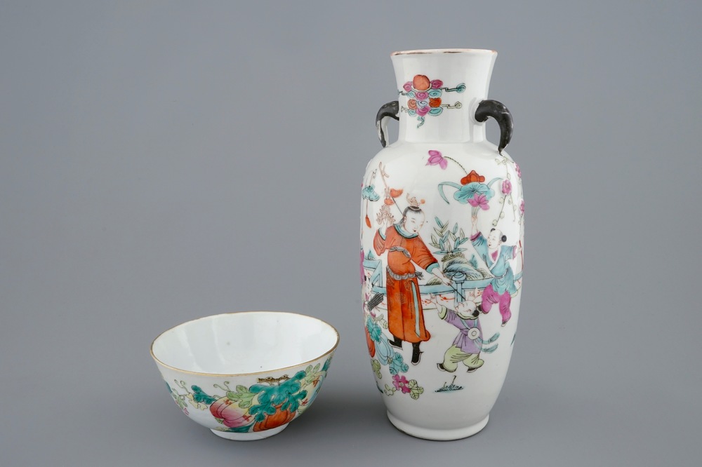 A Chinese famille rose vase with applied flowers and a bowl, 19th C.