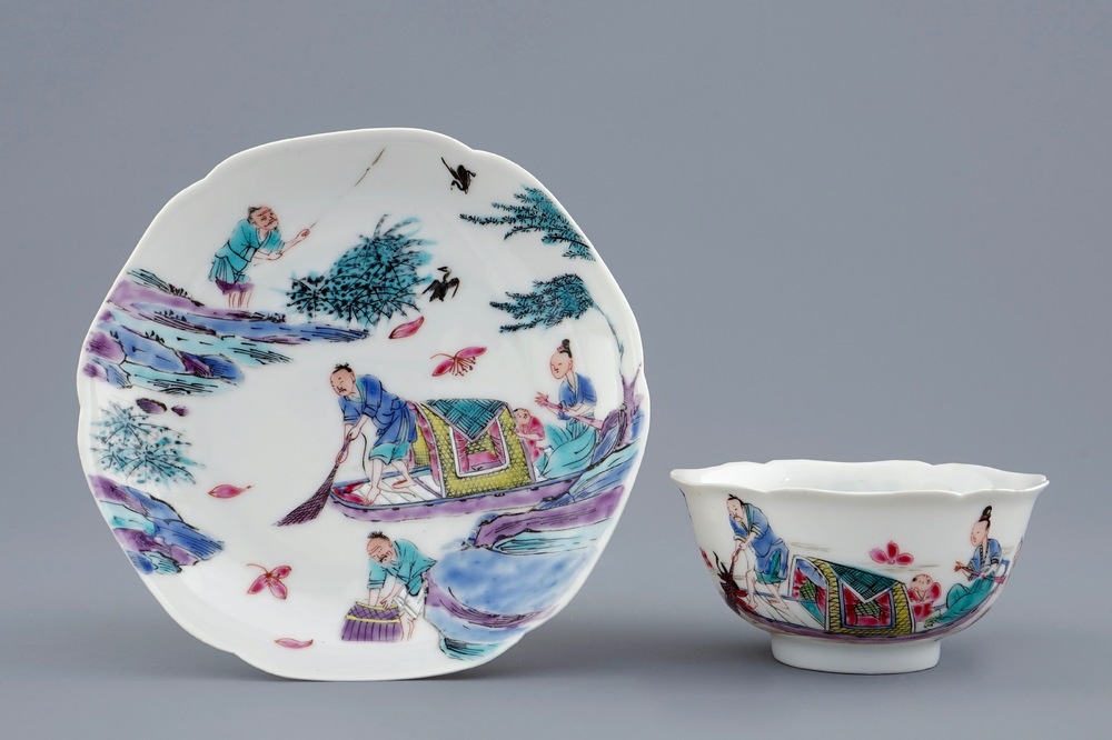 Een Chinese famille rose kop en schotel met decor van de visvangst, Yongzheng, 1723-1735