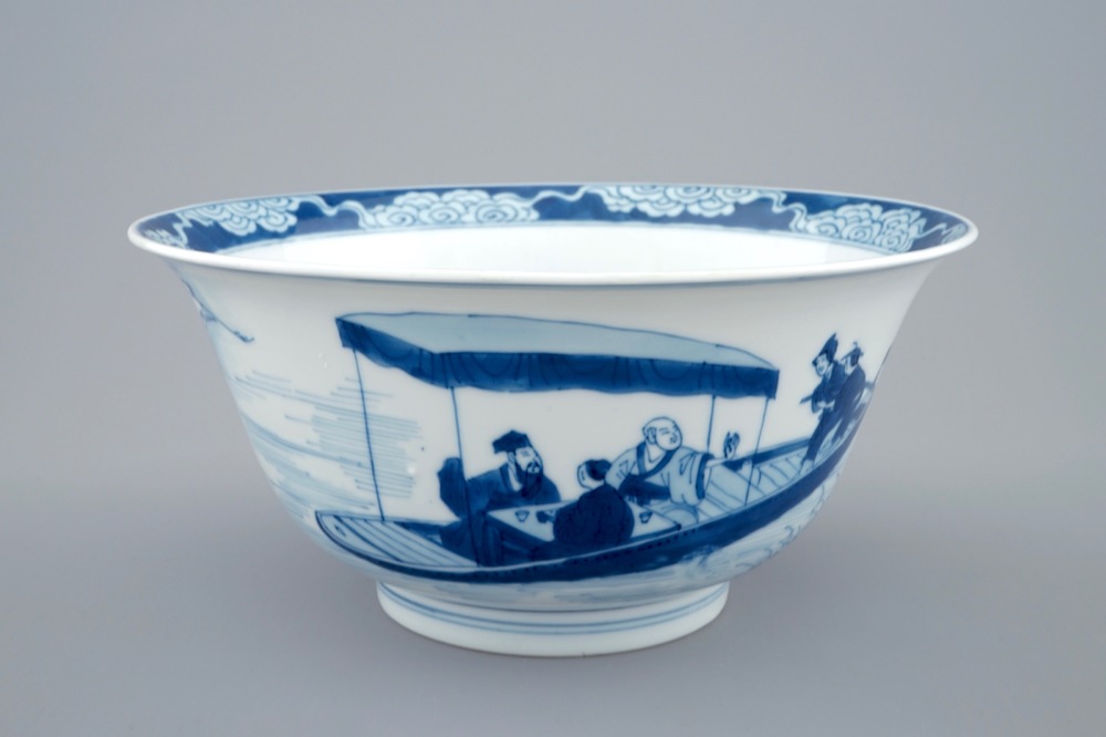 A Chinese blue and white bowl with a river scene, Kangxi