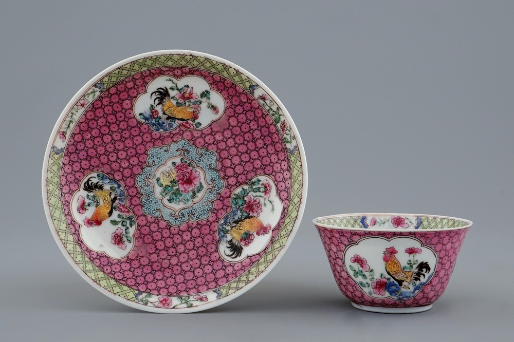 A Chinese famille rose eggshell cup and saucer with a rooster, Yongzheng, 1723-1735