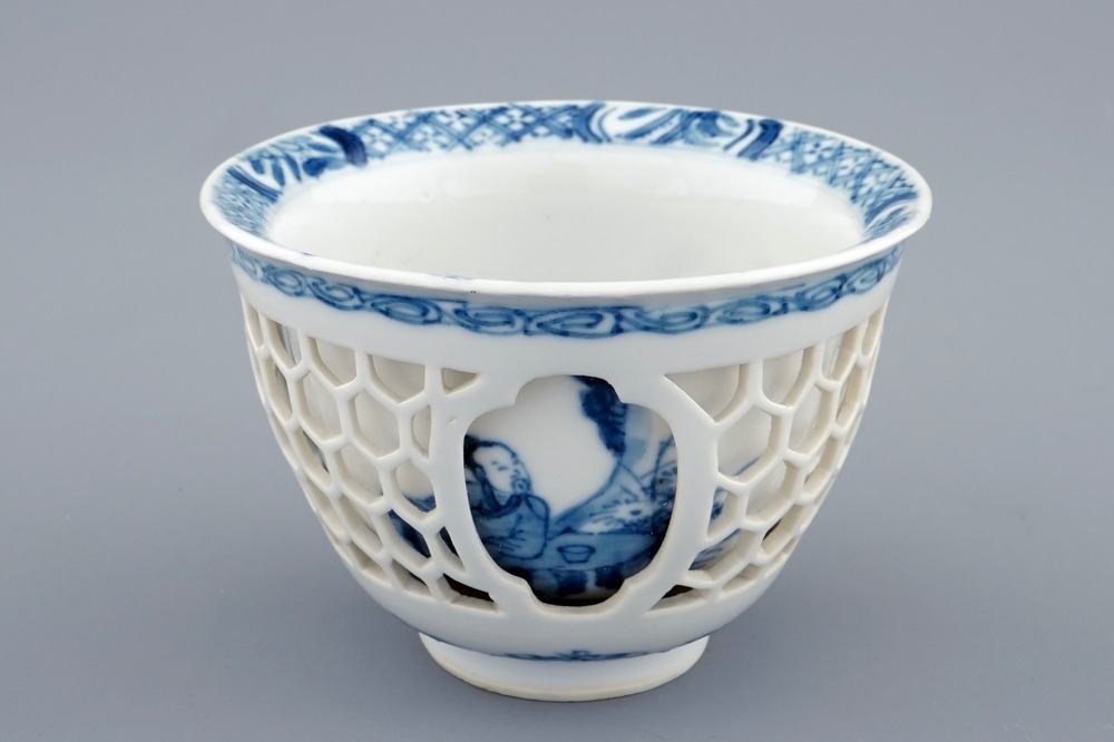 A Chinese blue and white double-walled wine cup, Kangxi