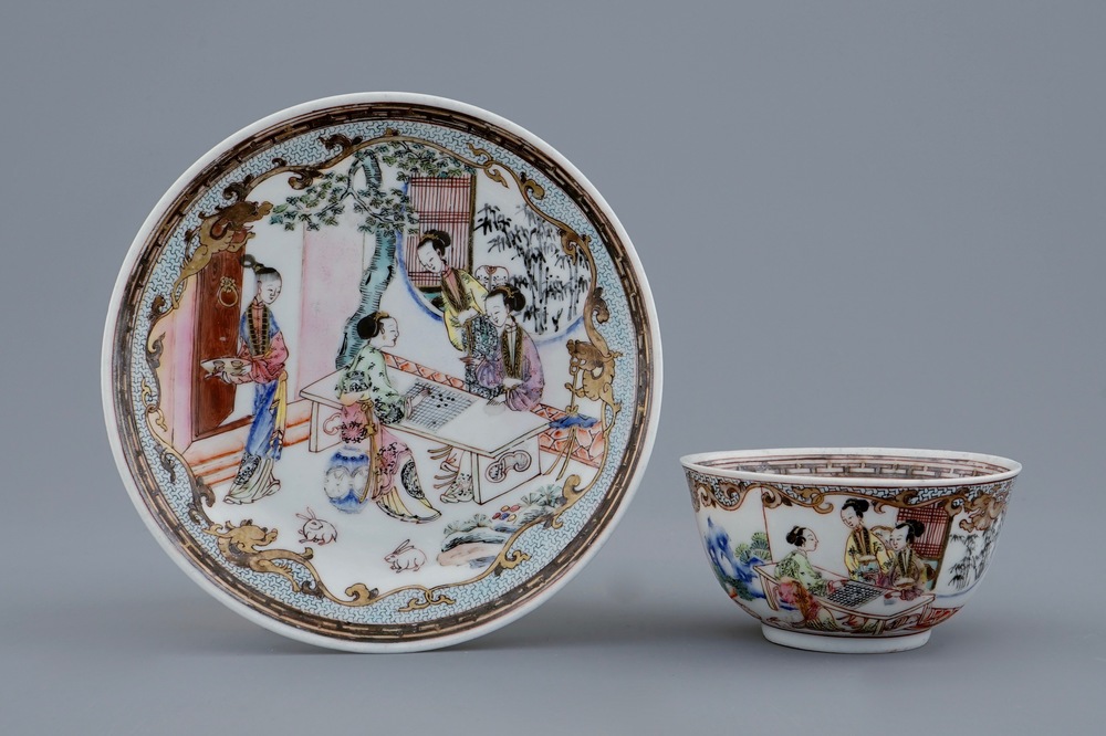 A Chinese famille rose eggshell cup and saucer with ladies playing go, Yongzheng, 1723-1735