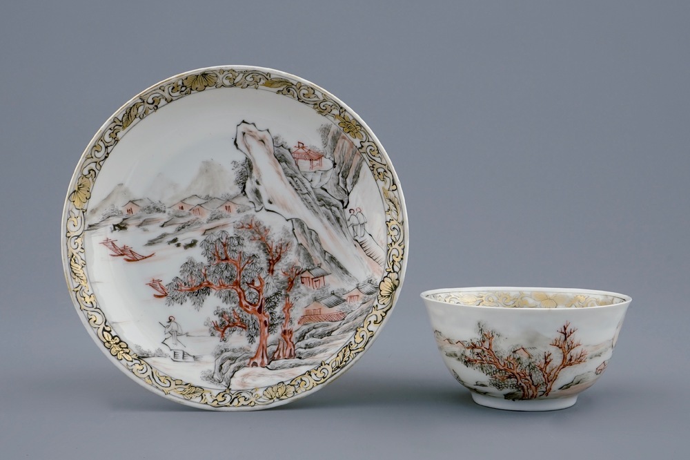 A fine Chinese grisaille and gilt eggshell cup and saucer, Yongzheng, 1723-1735
