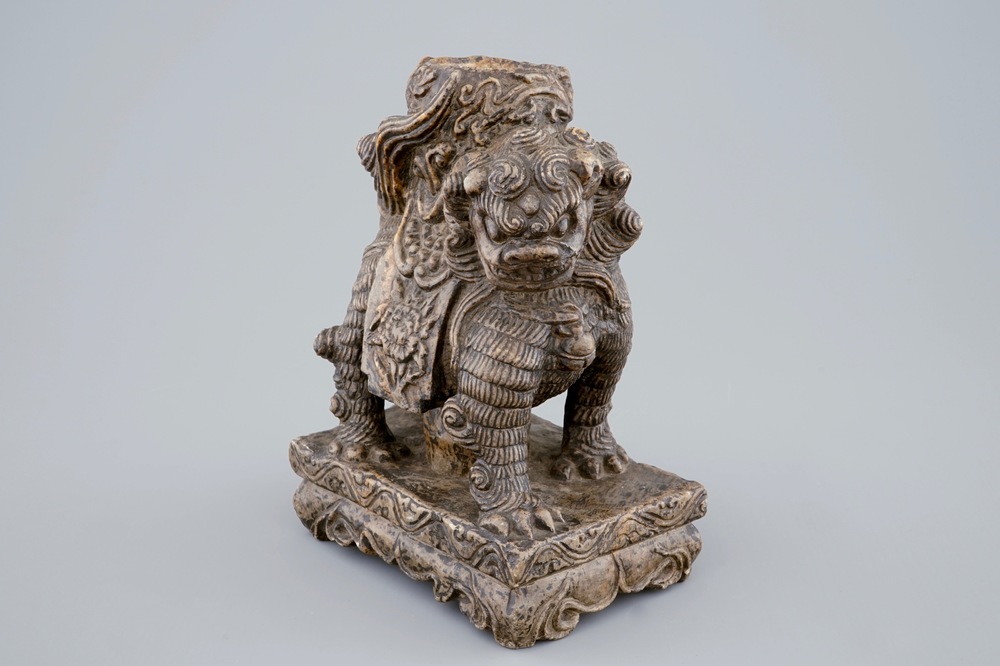 A Chinese temple dog in carved hardstone or marble, prob. late Ming
