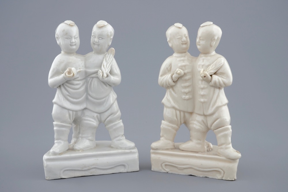 A pair of Chinese blanc de Chine groups of Hoho-brothers, Kangxi