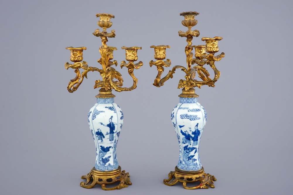 A pair of ormolu-mounted candelabra blue and white Chinese vases, Kangxi