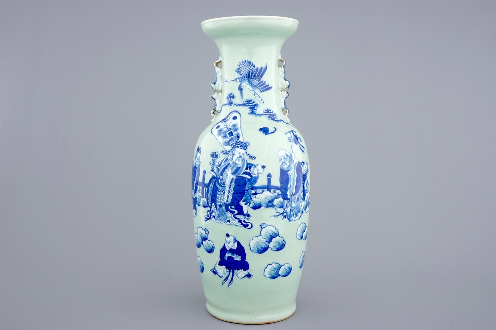 A fine Chinese blue and white on celadon ground "Immortals" vase, 19th C.