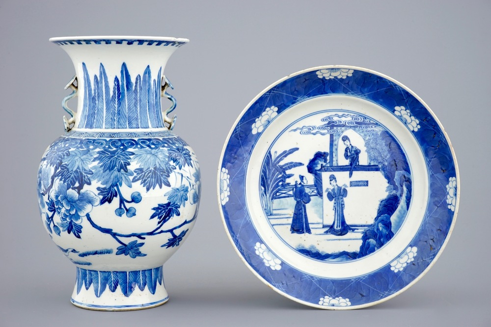 A Chinese blue and white vase with ruyi handles and a Kangxi-style plate, 19th C.