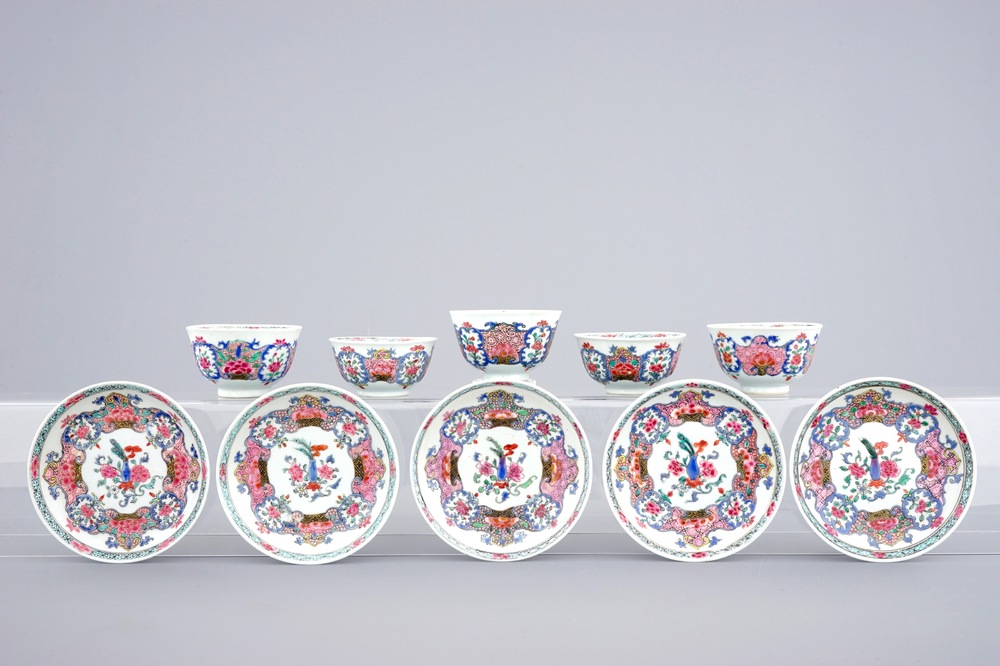 A set of five Chinese famille rose cups and saucers, Qianlong