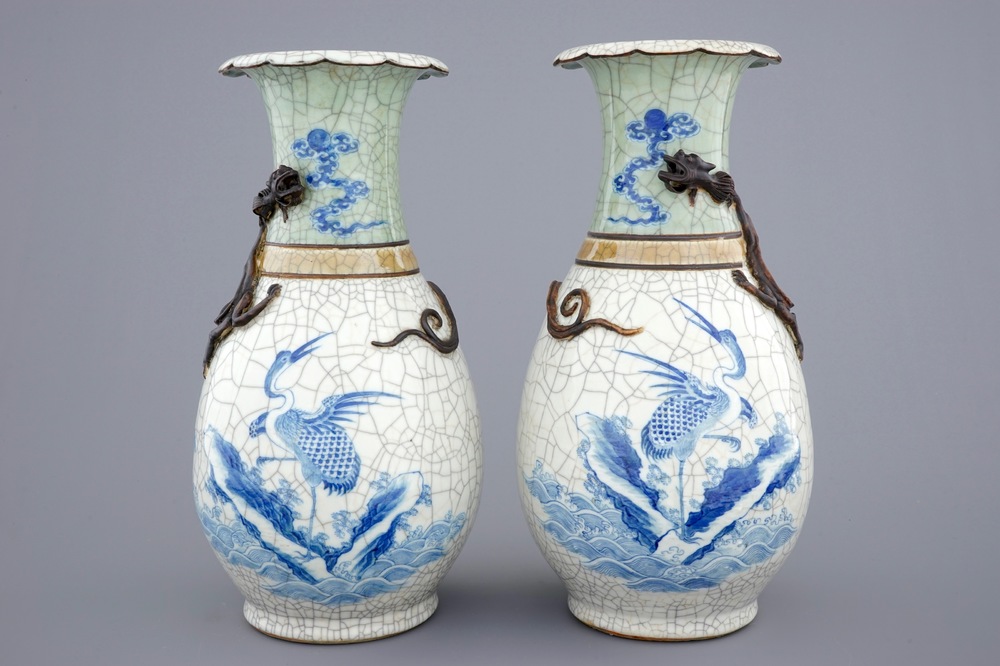 A pair of Chinese blue and white on crackle and celadon ground vases, 19th C.