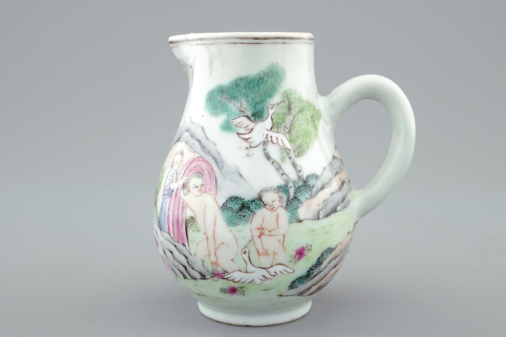 Un cremier en porcelaine de Chine famille rose au sujet mythologique de Leda et le cygne, Qianlong, ca. 1740