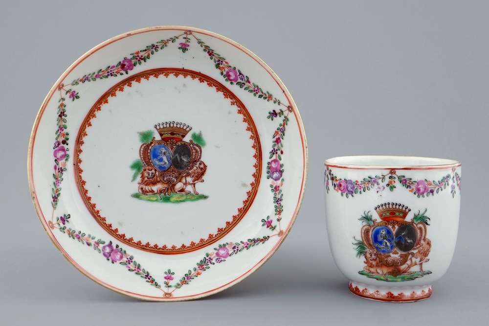 A Chinese famille rose armorial cup and saucer, Qianlong, 18th C.