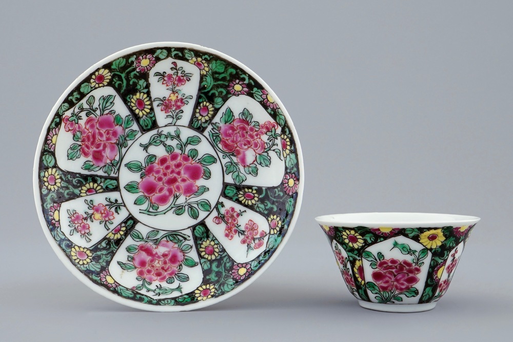 A Chinese famille noire cup and saucer, Yongzheng, 1723-1735