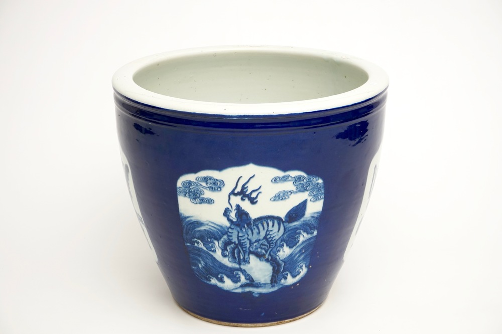 A Chinese blue and white blue ground fish bowl, 19th C.