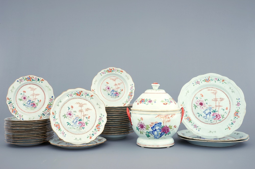 A Chinese famille rose 39-piece service with a tureen on stand, Qianlong, 18th C.