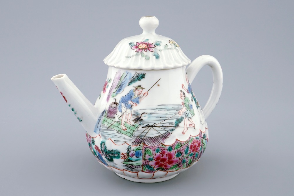 A fine Chinese famille rose teapot and cover with a fishing scene, Yongzheng, 1723-1735