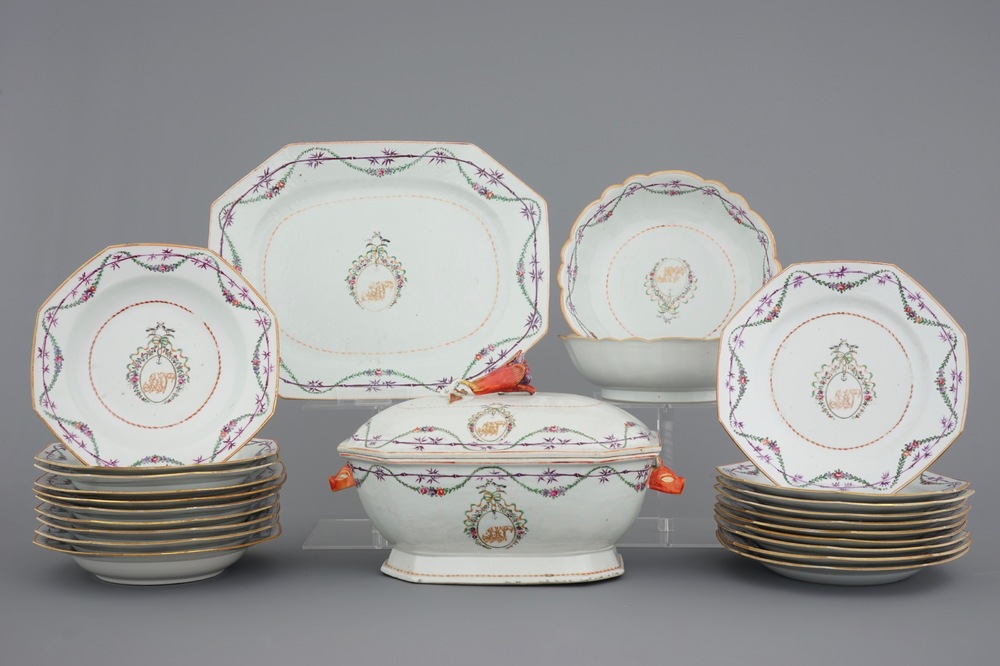 A monogrammed Chinese famille rose 25-piece service with a tureen on stand, Qianlong, 18th C.