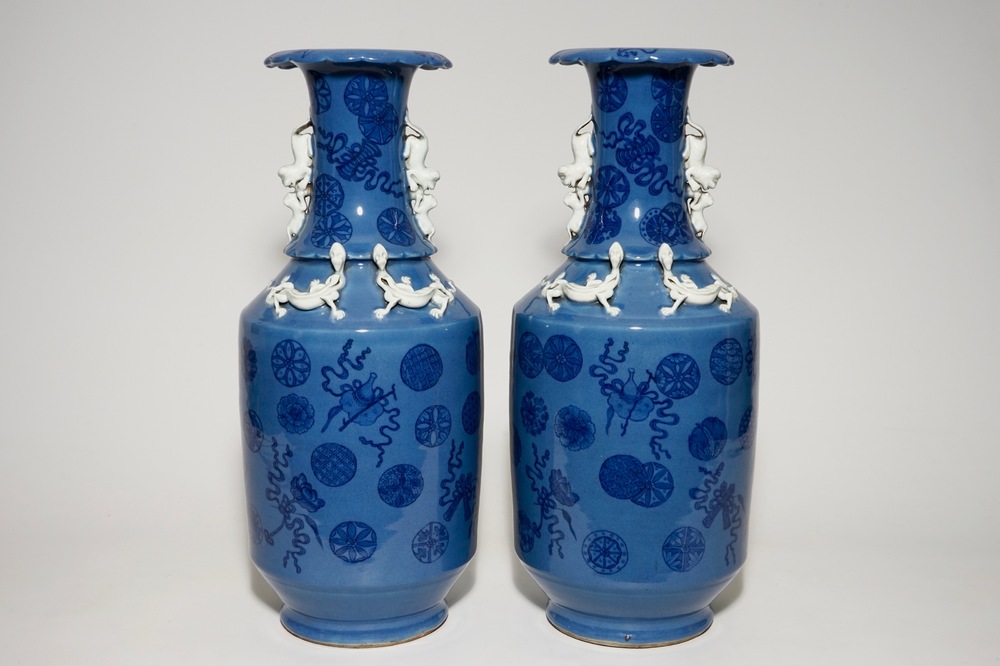 A pair of tall Chinese lavender blue ground vases with auspicious symbols, 19th C.