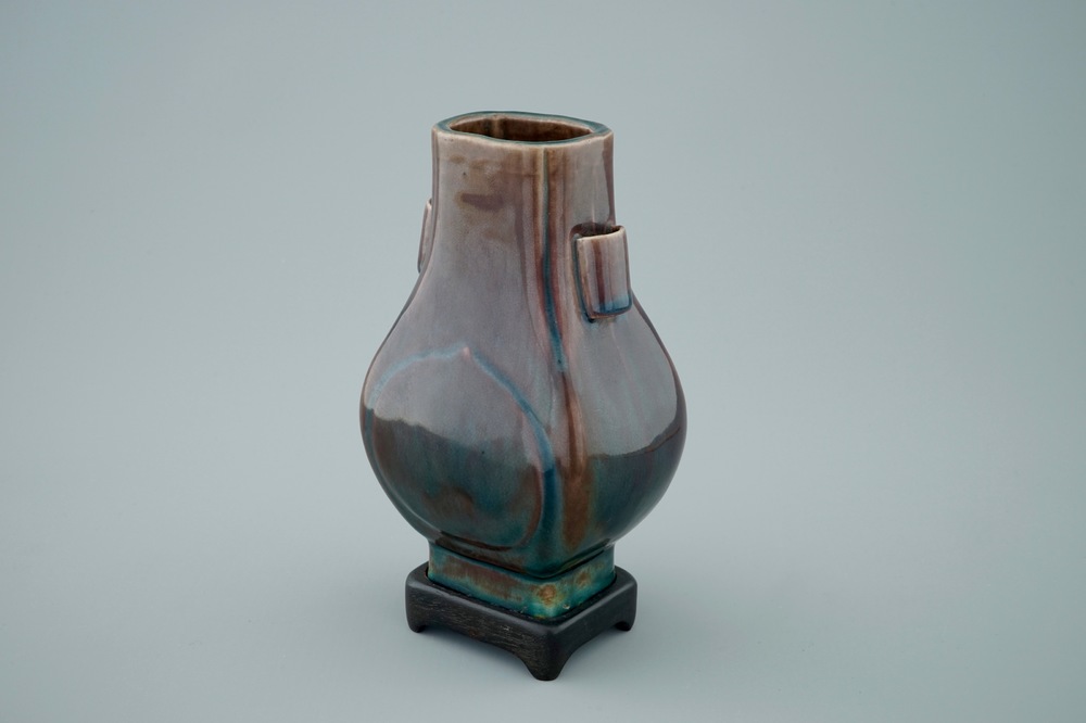 A Chinese monochrome aubergine fanghu shape vase, 19th C.