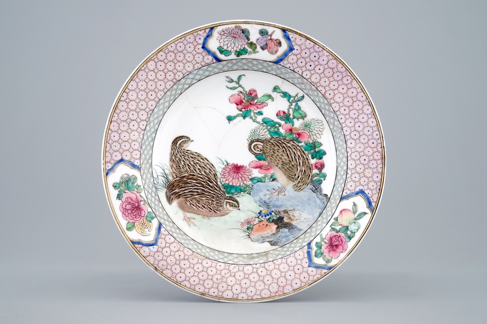 A Chinese famille rose eggshell ruby back "Quails" plate, Yongzheng, 1723-1735