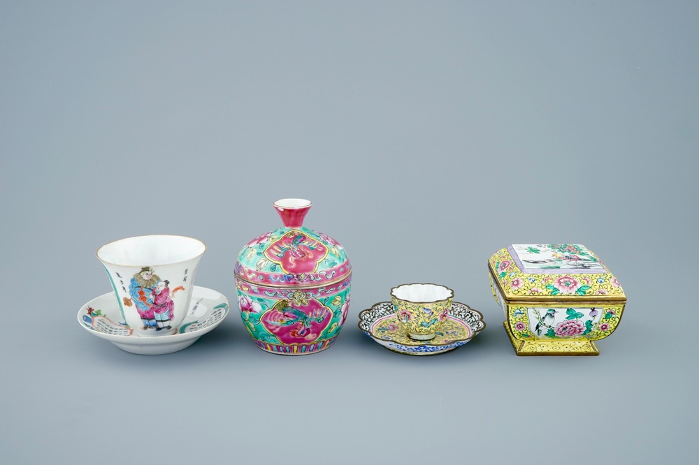 Two Chinese famille rose and Canton enamel cups and saucers and covered boxes, 19/20th C.