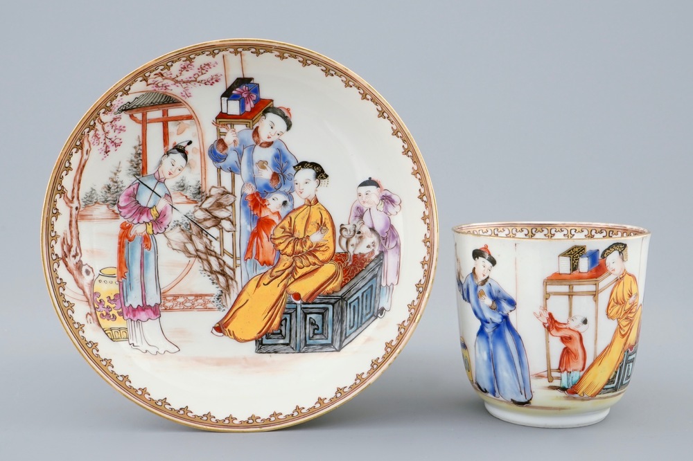A fine Chinese famille rose mandarin cup and saucer, Qianlong, 18th C.